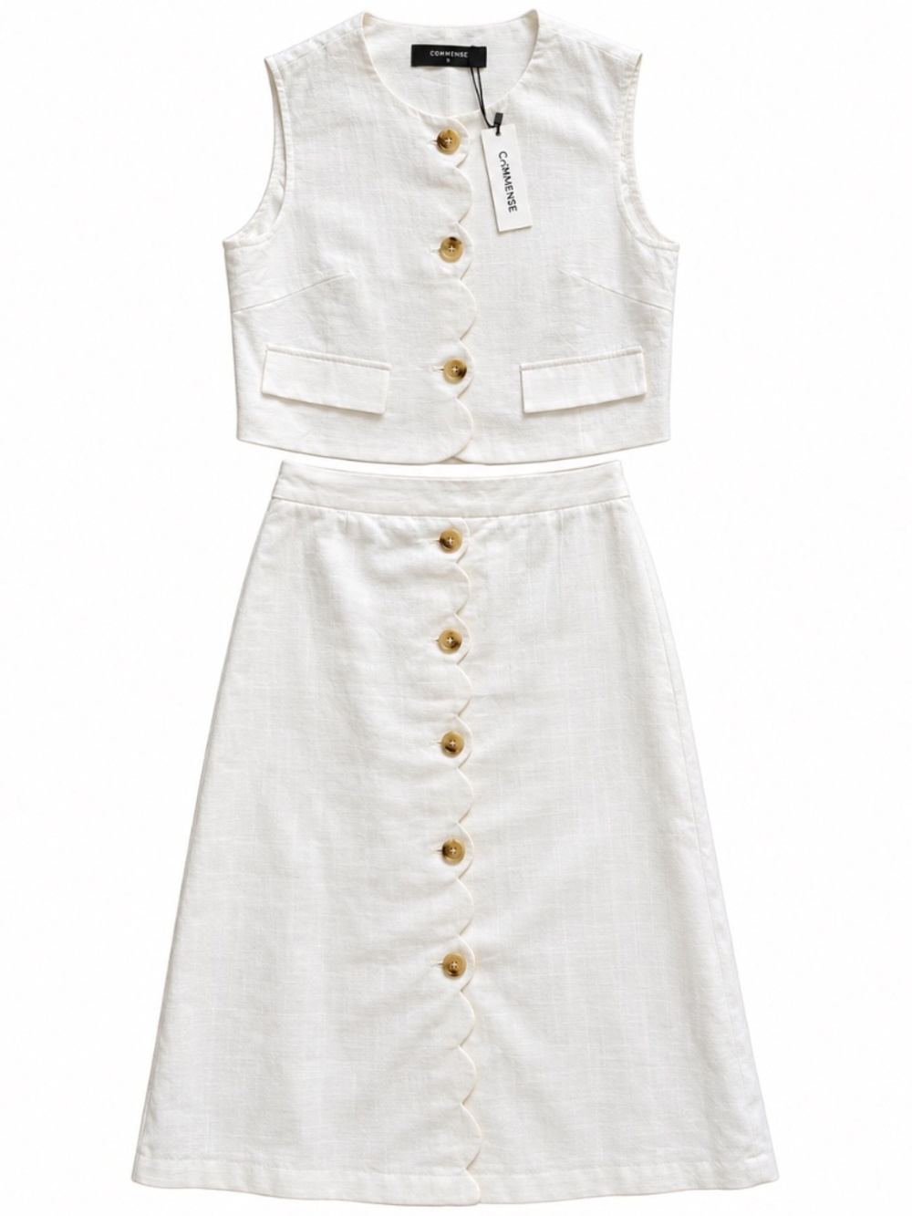 COMMENSE White Cotton Linen Scallop Vest Midi Skirt Set NWT, Size Medium